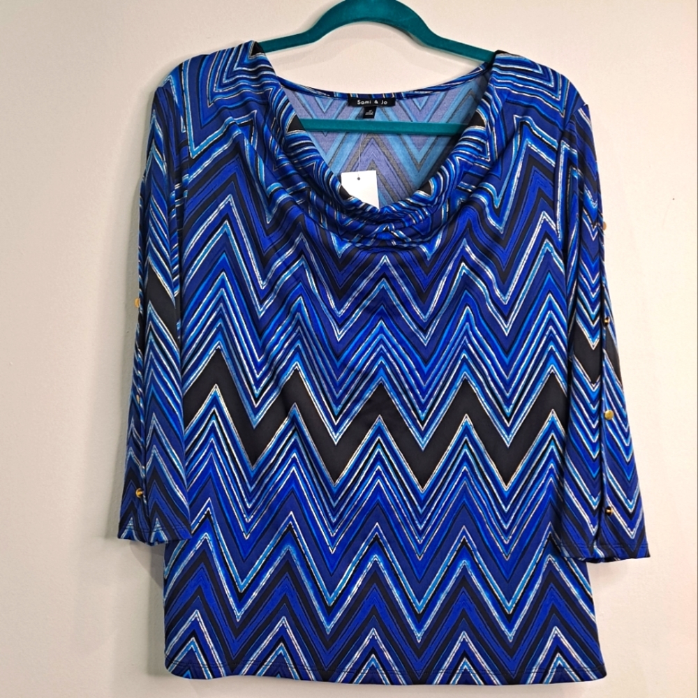 Sami & Jo Medium Blue, Black and Gold Cowl Neck Shirt